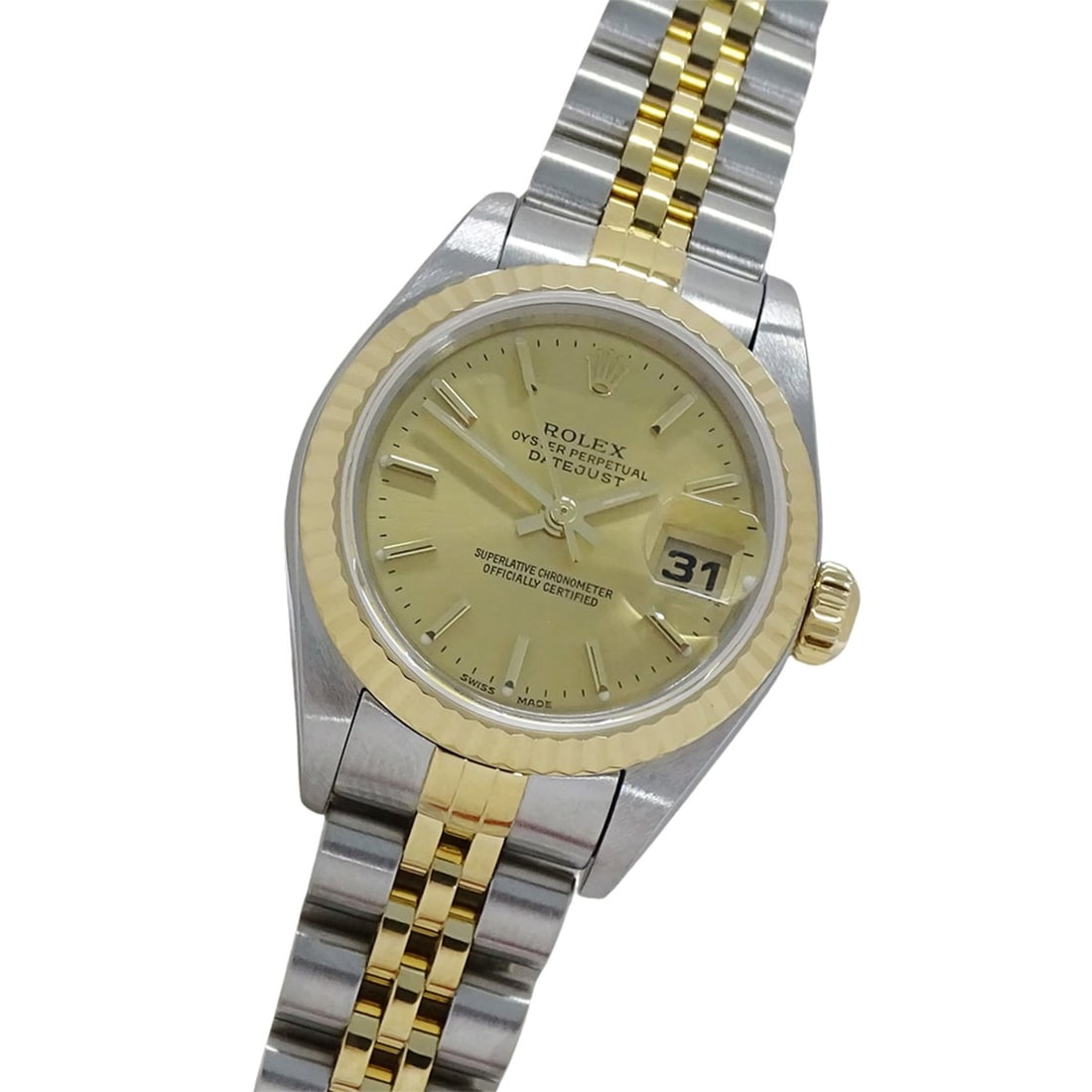 Rolex Datejust 79173 K-serial Women's Watch, Automatic Movement, Stainless Steel (SS) and Gold (YG): --- Catalog ---Category: SizeWrist Size: 16.5cm / 6.49''Case Diameter: 26mm / 1.02''Category: DesignType: WristwatchGender: WomenColor (Dial): GoldMaterial (Band): Stainless steel, Yellow goldMaterial