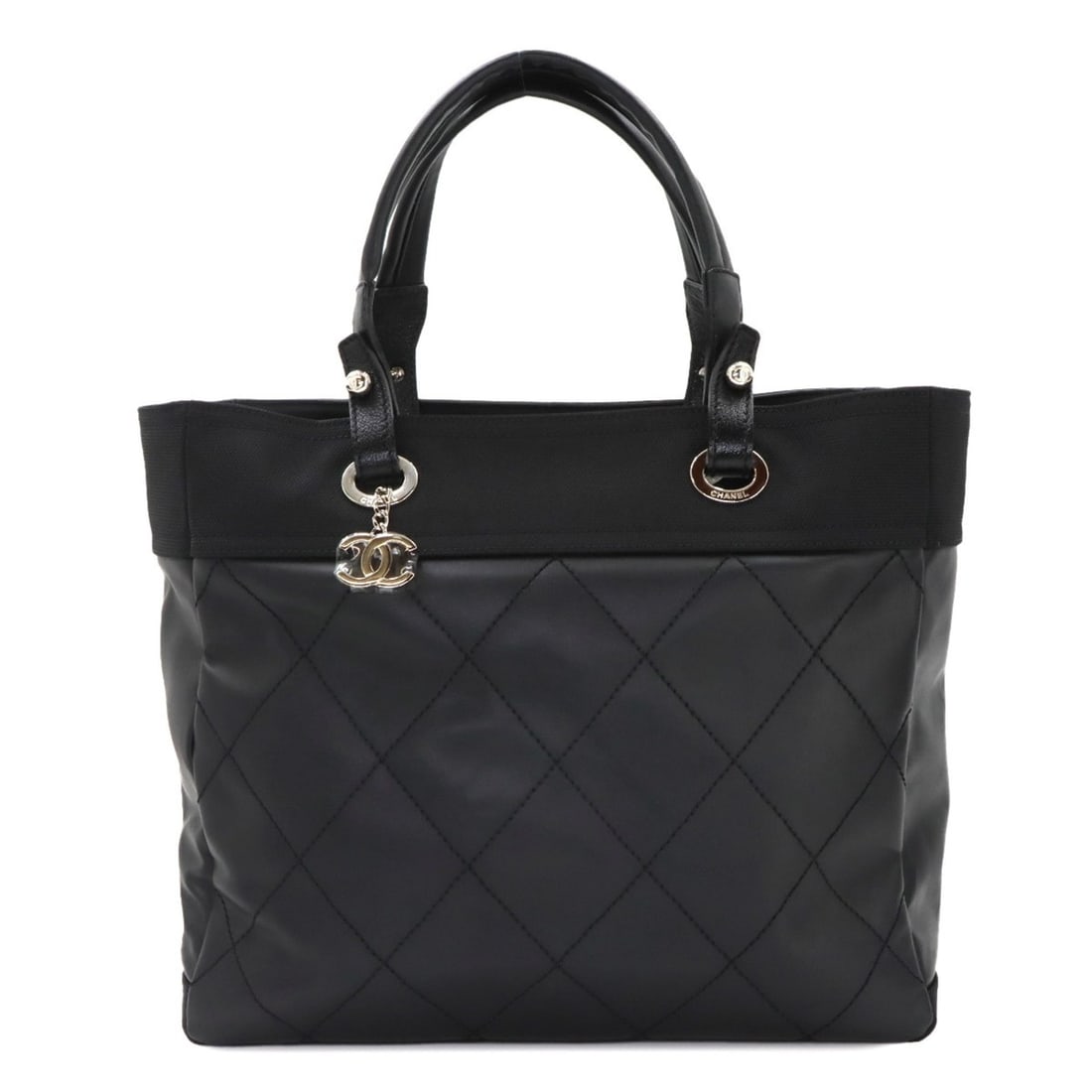 Chanel Paris Biarritz GM Tote Handbag, Nylon and Leather, Black, A34210, Silver Hardware.: --- Catalog ---Category: SizeSize (HxWxD): 30cm x 35cm x 14cm / 11.81'' x 13.77'' x 5.51''Category: DesignType: Handbag, Tote bagColor: BlackGender: WomenMaterial: Nylon , PVC Category: GeneralMPN: A3