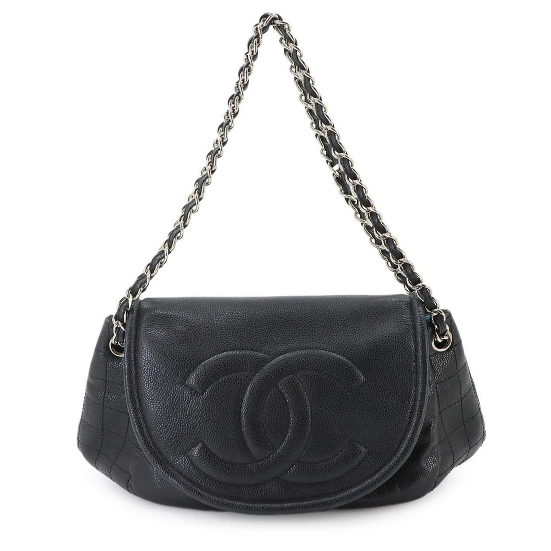 Chanel Half Moon Chain Shoulder Handbag, Caviar Leather, Black, A50987, Silver Hardware.: --- Catalog ---Category: SizeSize (HxWxD): 18.5cm x 38.5cm x 10cm / 7.28'' x 15.15'' x 3.93''Category: DesignType: Handbag, Shoulder bagColor: Black, SilverGender: WomenMaterial: Grained Calfskin Cate