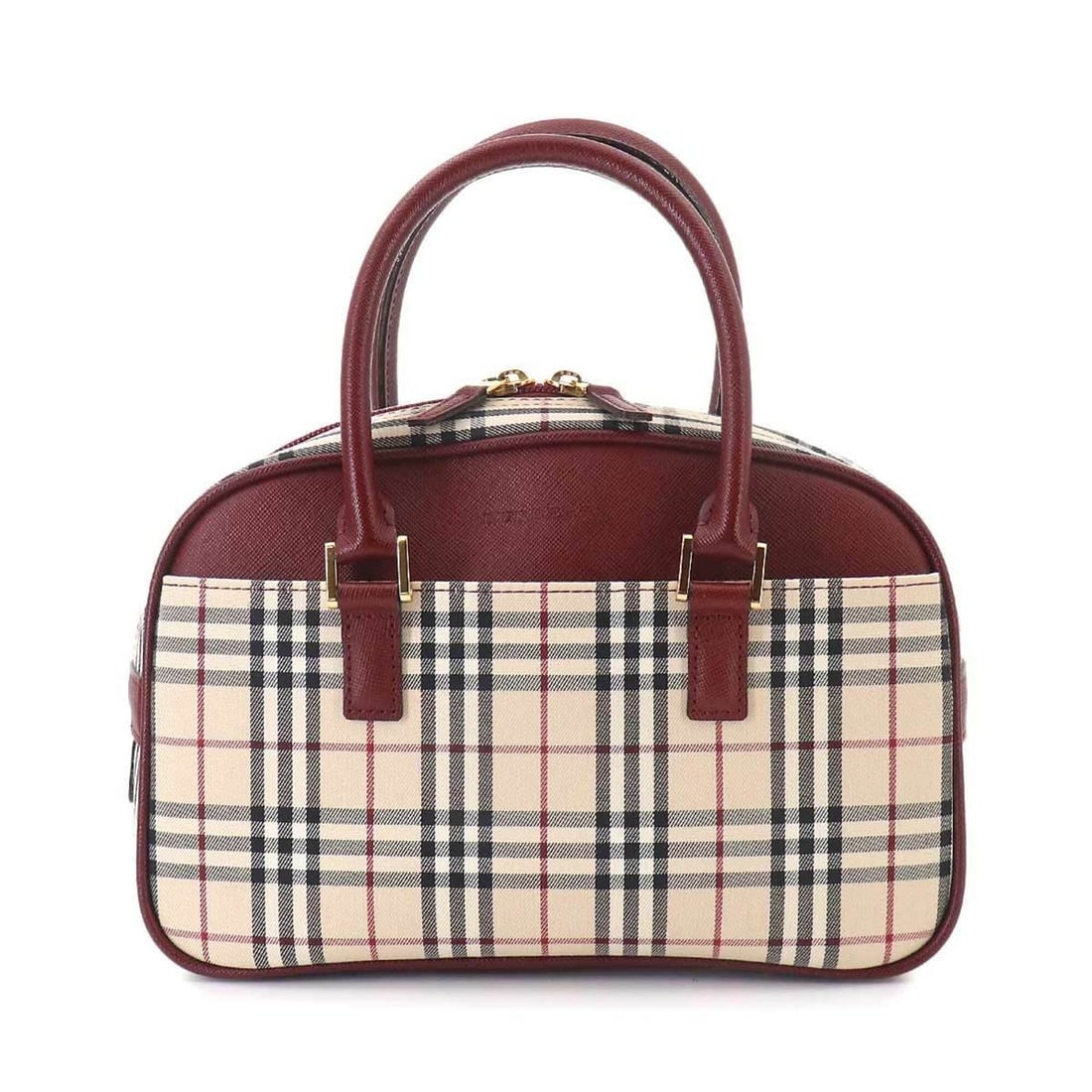 Burberry Nova Check Mini Boston Handbag, Canvas and Leather, Beige/Bordeaux.: --- Catalog ---Category: SizeSize (HxWxD): 16.5cm x 24cm x 9cm / 6.49'' x 9.44'' x 3.54''Category: DesignType: Boston bag, HandbagColor: Beige, BordeauxGender: WomenMaterial: Canvas , Leather Category
