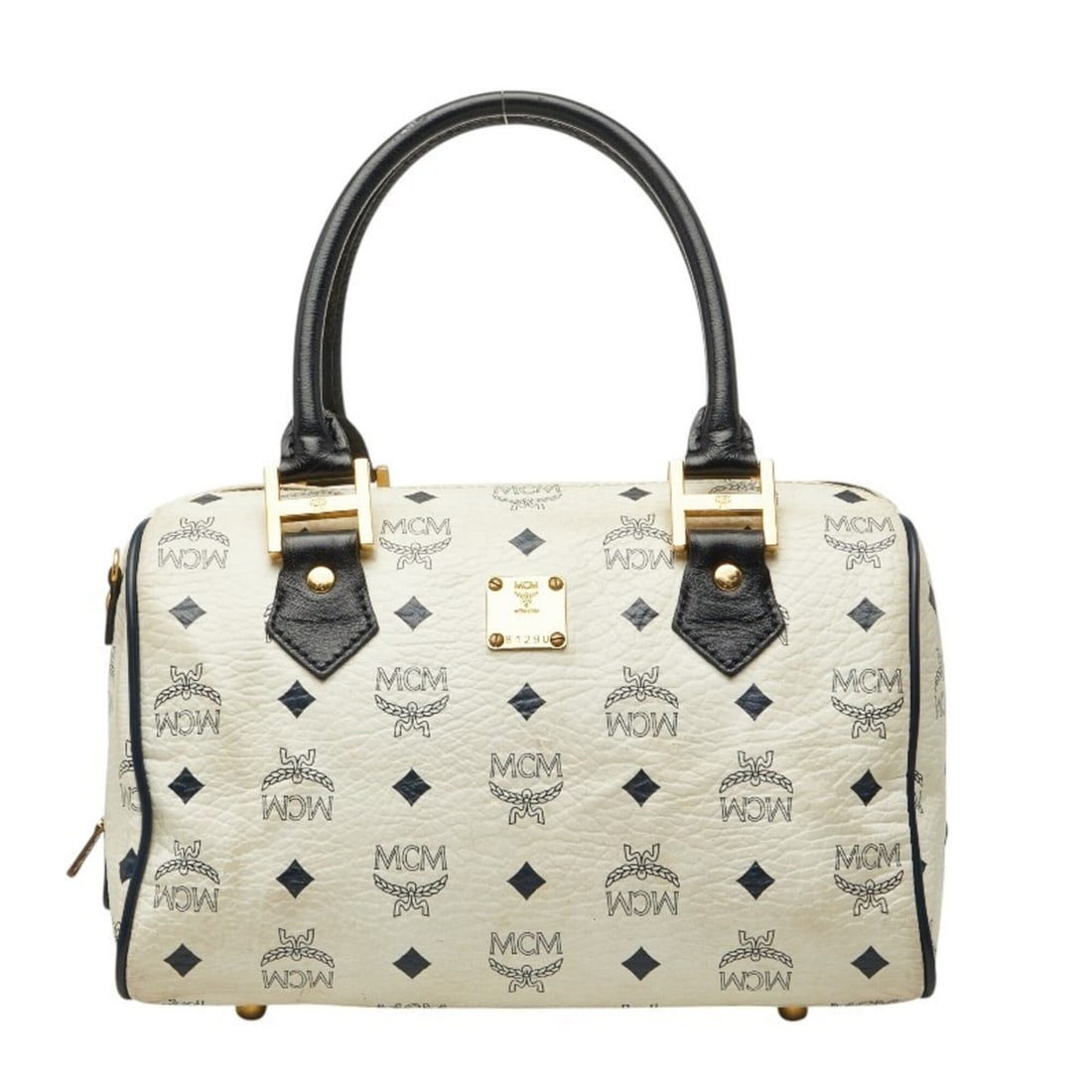 MCM Visetos Mini Boston Bag Handbag White Navy Gold Leather Women's: --- Catalog ---Category: SizeSize (HxWxD): 17.5cm x 27.5cm x 16cm / 6.88'' x 10.82'' x 6.29''Category: DesignType: Boston bag, HandbagColor: Gold, Navy, WhiteGender: WomenMaterial: PVC , Leather Categ