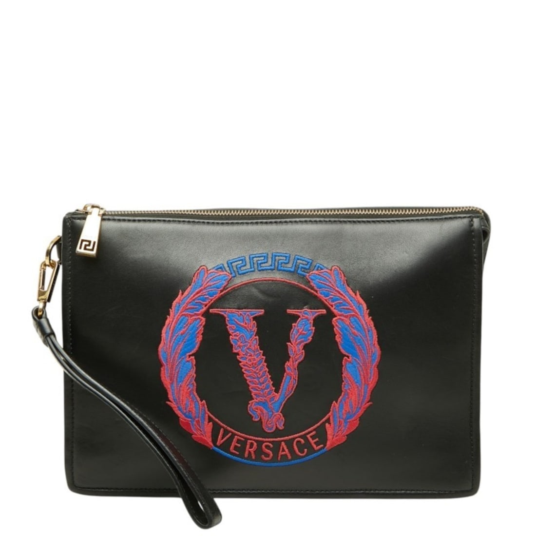 Versace Clutch Bag, Second V Logo Embroidered Design, Black Leather, Men's & Women's. (1 of 13)