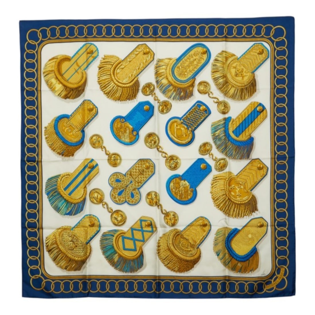 Hermes Carre 90 Ceremonial Epaulets Scarf/Muffler, Large Scarf, White/Gold/Blue Tones, Women's: --- Catalog ---Category: SizeSize (LxW): 89.5cm x 88cm / 35.23'' x 34.64''Category: DesignType: ScarfColor: Blue, Gold, WhiteGender: WomenCategory: GeneralBrand: Hermes--- Item List ---Section: Condit
