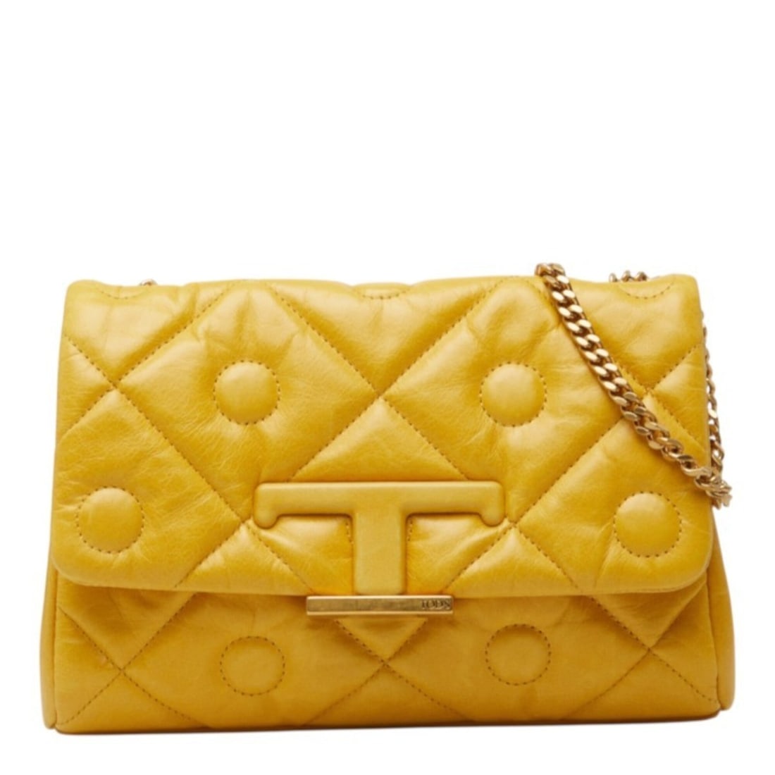 Tod's Signature T-Timeless Quilted Chain Shoulder Bag, Yellow Leather, Women's TOD’S: --- Catalog ---Category: SizeStrap Drop: 52cm / 20.47''Size (HxWxD): 13cm x 19.5cm x 6cm / 5.11'' x 7.67'' x 2.36''Category: DesignType: Shoulder bagColor: YellowGender: WomenClosure: MagnetMaterial: 