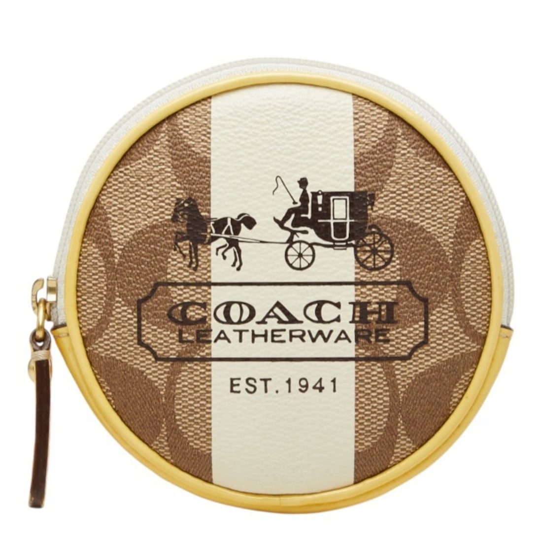 Coach Signature Circular Wallet/Coin Purse, Beige, White, Yellow Leather, Women's COACH: --- Catalog ---Category: SizeSize (HxWxD): 9.5cm x 9.5cm x 1.5cm / 3.74'' x 3.74'' x 0.59''Category: DesignType: Coin purse/coin caseColor: Beige, White, YellowGender: WomenClosure: ZipperMaterial: Si