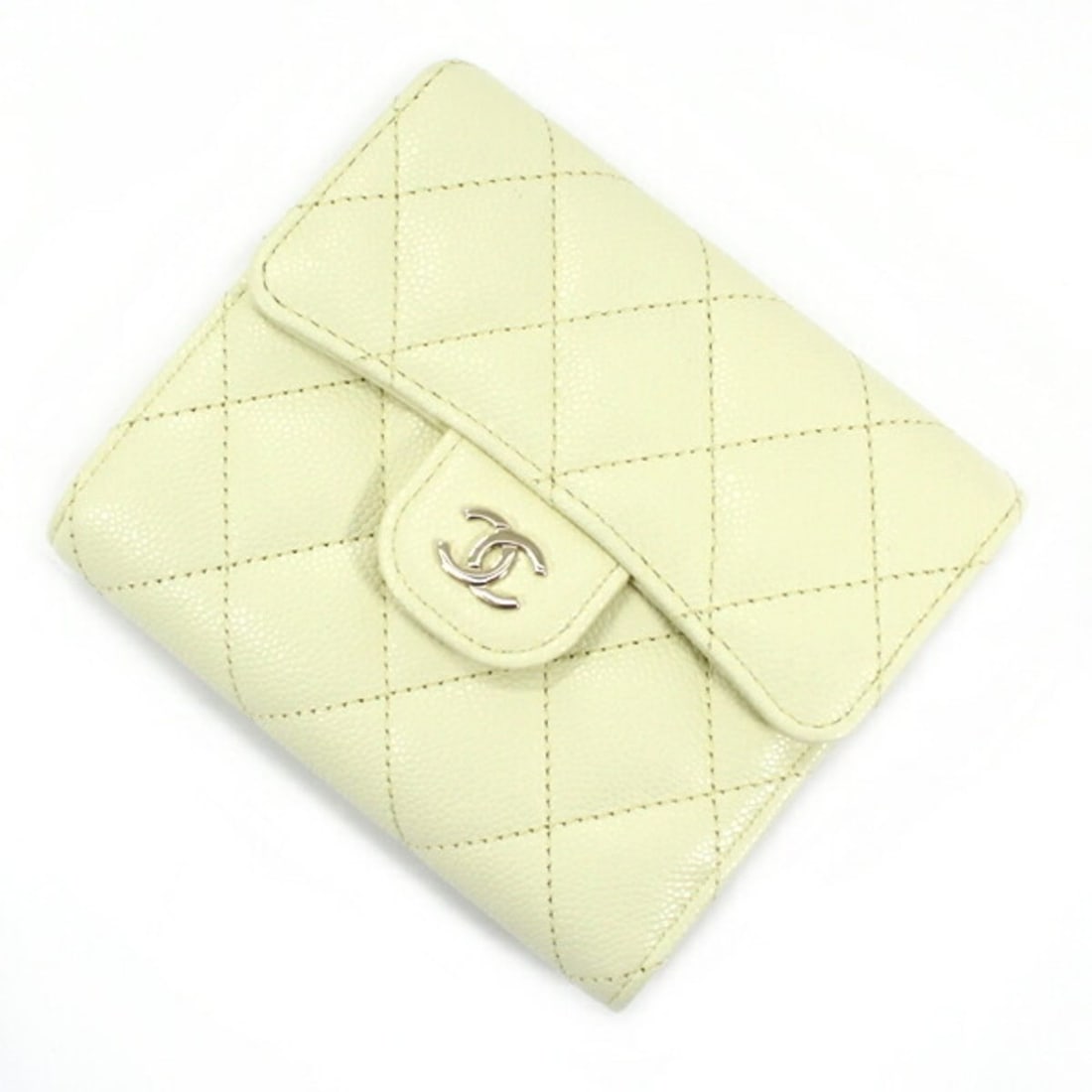 CHANEL Trifold Wallet Matelasse Leather Caviar Skin Classic Small Flap Lemon Yellow Here Mark Ladies: --- Catalog ---Category: SizeSize (HxWxD): 10cm x 11.5cm x 2.5cm / 3.93'' x 4.52'' x 0.98''Category: DesignType: Wallet (tri-fold)Color: Lemon yellowGender: WomenMaterial: Grained Calfskin Inner Pocke