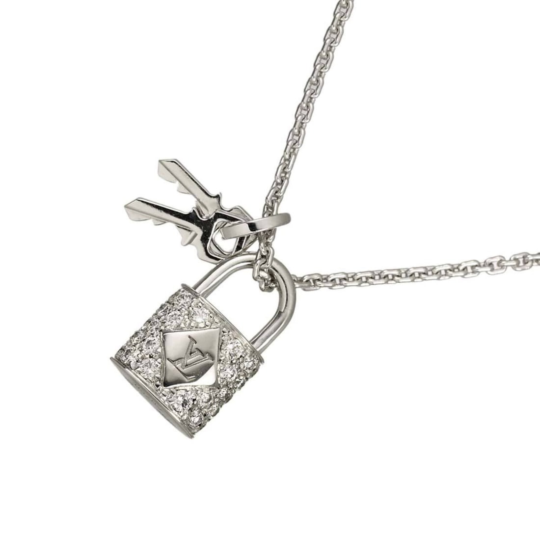 Louis Vuitton Lockit Pendant Diamond Necklace, 50cm, 18K White Gold 750.: --- Catalog ---Category: SizePendant Size: 15.6mm x 9.5mm / 0.61'' x 0.37''Neck Circumference: 50 cm / 19.68''Category: DesignColor: White goldGender: WomenMaterial: White gold (18K)Necklace Type: Nec