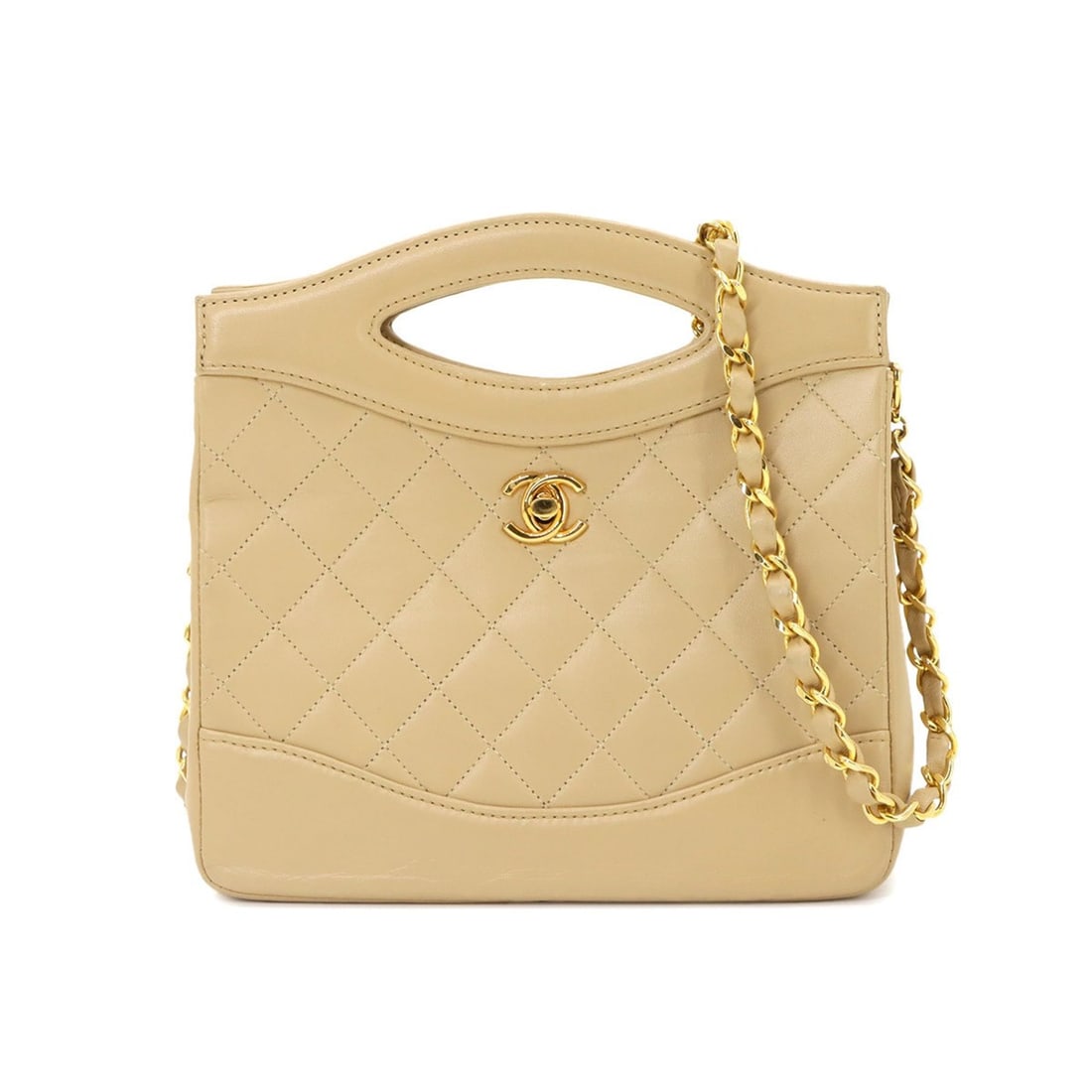 Chanel Matelasse 2-way Handbag Chain Shoulder Leather Beige Gold Hardware: --- Catalog ---Category: SizeSize (HxWxD): 19.5cm x 19cm x 5cm / 7.67'' x 7.48'' x 1.96''Category: DesignType: Handbag, Shoulder bagColor: Beige, Beige goldGender: WomenMaterial: Leather Category: Gen