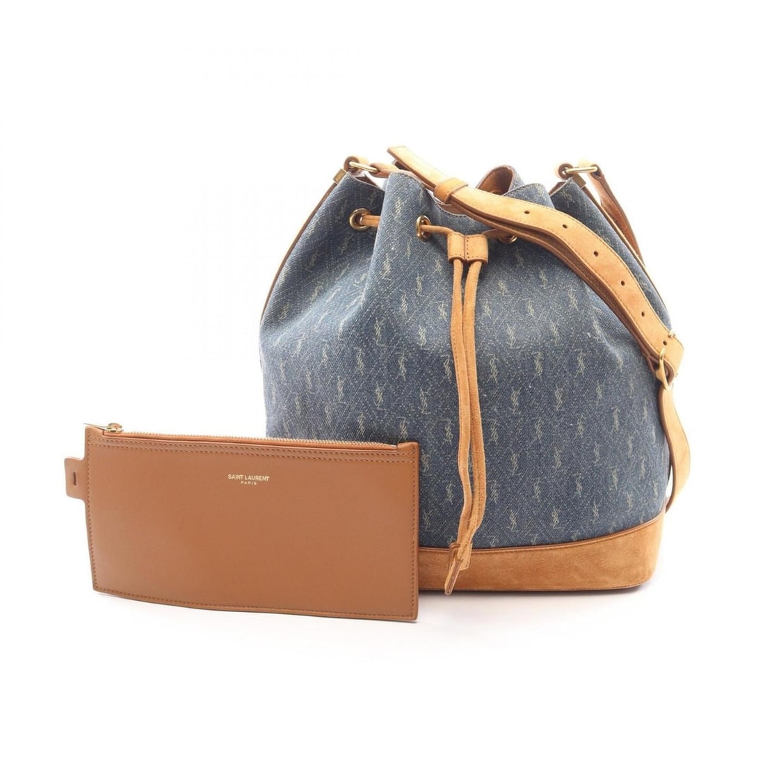 Yves Saint Laurent Saint Laurent Paris Le Monogram Bucket Bag, Shoulder Handbag, Denim Suede,: --- Catalog ---Category: SizeSize (HxWxD): 28.5cm x 24.5cm x 16cm / 11.22'' x 9.64'' x 6.29''Category: DesignType: Shoulder bagColor: Brown, NavyGender: WomenMaterial: Denim , Suede Category: GeneralB