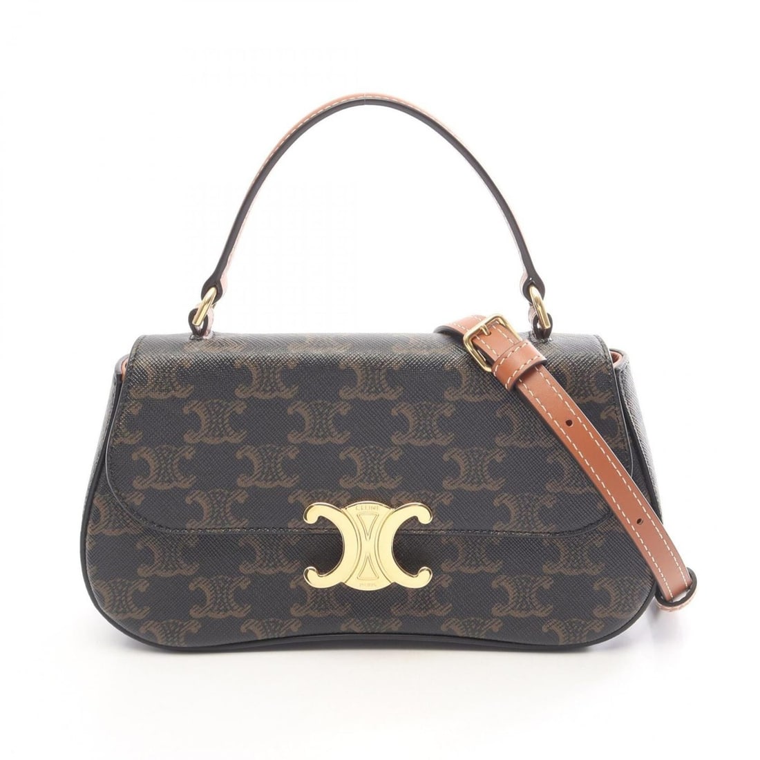 Celine Triomphe Teen Laura 2-Way Handbag, Coated Canvas Leather, Women's, Black/Brown, 119532: --- Catalog ---Category: SizeSize (HxWxD): 11cm x 21cm x 5cm / 4.33'' x 8.26'' x 1.96''Category: DesignType: HandbagColor: Black, BrownGender: WomenMaterial: PVC , Coated canvas , Leather Category: Ge