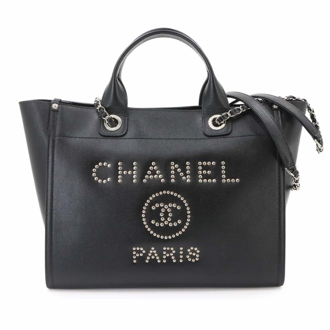 Chanel Deauville MM 2-way Chain Tote Shoulder Handbag with Studs, Caviar Leather, Black (A57069): --- Catalog ---Category: SizeSize (HxWxD): 26cm x 43cm x 17cm / 10.23'' x 16.92'' x 6.69''Category: DesignType: Handbag, Tote bagColor: BlackGender: WomenMaterial: Grained Calfskin Category: GeneralMP