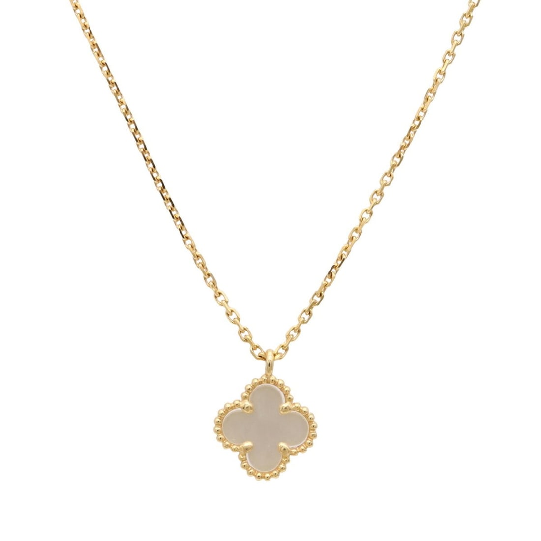 Van Cleef & Arpels VCA Sweet Alhambra Pendant Necklace 18K Yellow Gold Mother-of-Pearl VCARF69100: --- Catalog ---Category: SizePendant Size: 9mm x 9mm / 0.35'' x 0.35''Neck Circumference: 40 cm / 15.74''Category: DesignColor: White, Yellow goldGender: WomenMaterial: Mother of pearl, Yellow gold (1