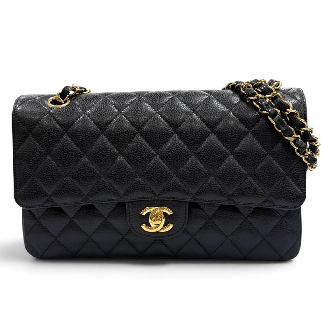 CHANEL A01112 Matelassé 25 Caviar Skin Shoulder Bag with Random Serial Number, Black Gold Hardware,: --- Catalog ---Category: SizeSize (HxWxD): 15.5cm x 25.5cm x 6.5cm / 6.1'' x 10.03'' x 2.55''Category: DesignType: Shoulder bagColor: BlackGender: WomenMaterial: Grained Calfskin Hardware Color: GoldC