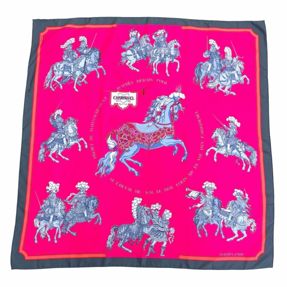 HERMES Carrousel (Merry-Go-Round) 100% Silk Carre 90 Scarf/Muffler, Pink/Gray/Multicolor, Made in: --- Catalog ---Category: SizeSize (LxW): 88cm x 88cm / 34.64'' x 34.64''Category: DesignType: ScarfColor: Gray, Multi-color, PinkGender: WomenMaterial: Silk Category: GeneralBrand: HermesCountry of Or