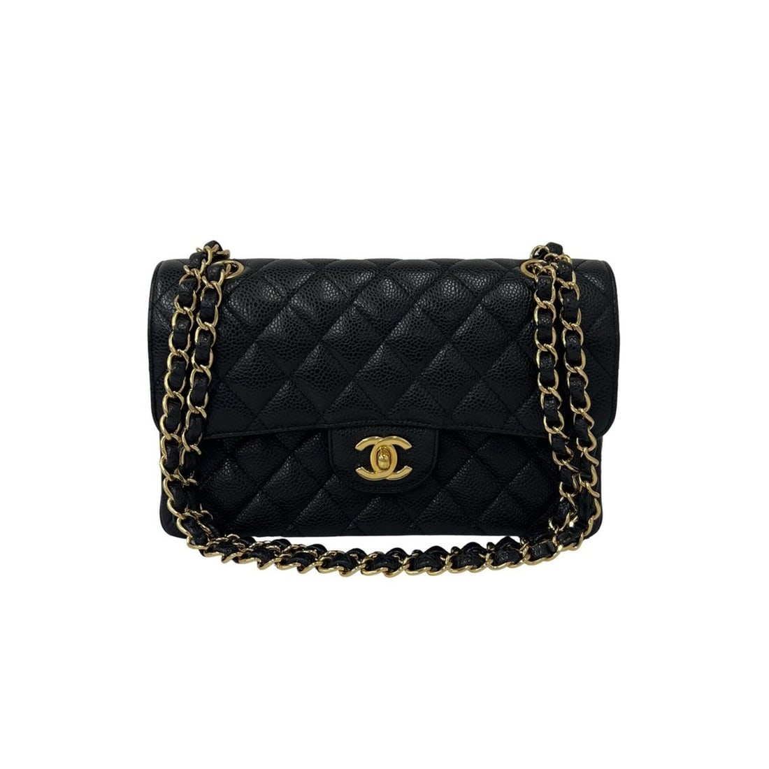 CHANEL Matelassé Coco Mark Double Flap Caviar Skin Shoulder Bag Black 39525: --- Catalog ---Category: SizeSize (HxWxD): 15cm x 23cm x 6cm / 5.9'' x 9.05'' x 2.36''Category: DesignType: Shoulder bagColor: BlackGender: WomenMaterial: Grained Calfskin Category: GeneralBrand: Chan