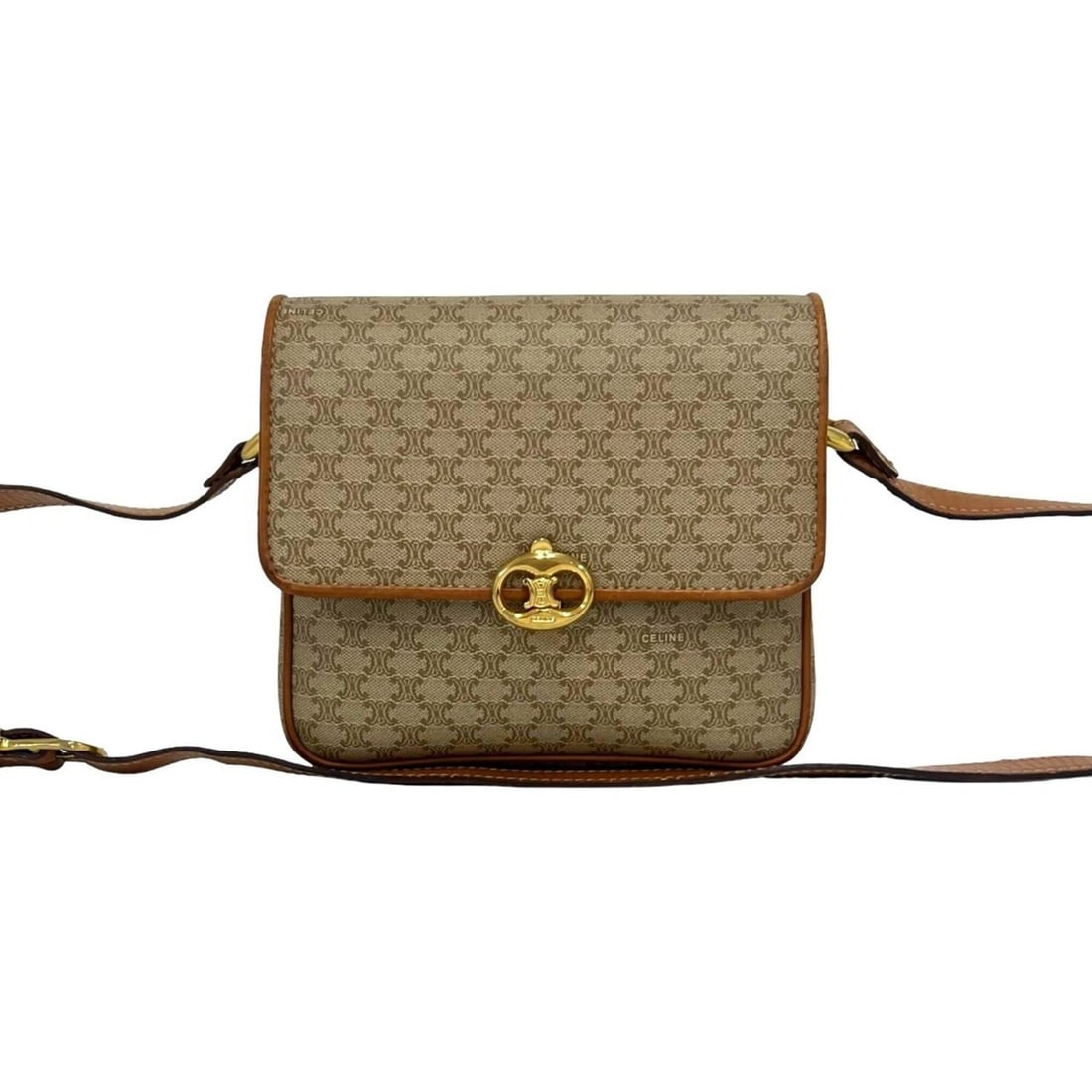 CELINE Vintage Triomphe Pattern Logo Hardware Leather Shoulder Bag Pochette Beige Brown 22960: --- Catalog ---Category: SizeSize (HxWxD): 16cm x 18.5cm x 7cm / 6.29'' x 7.28'' x 2.75''Category: DesignType: Pochette, Shoulder bagColor: Beige, BrownGender: WomenMaterial: Leather , PVC Category: G