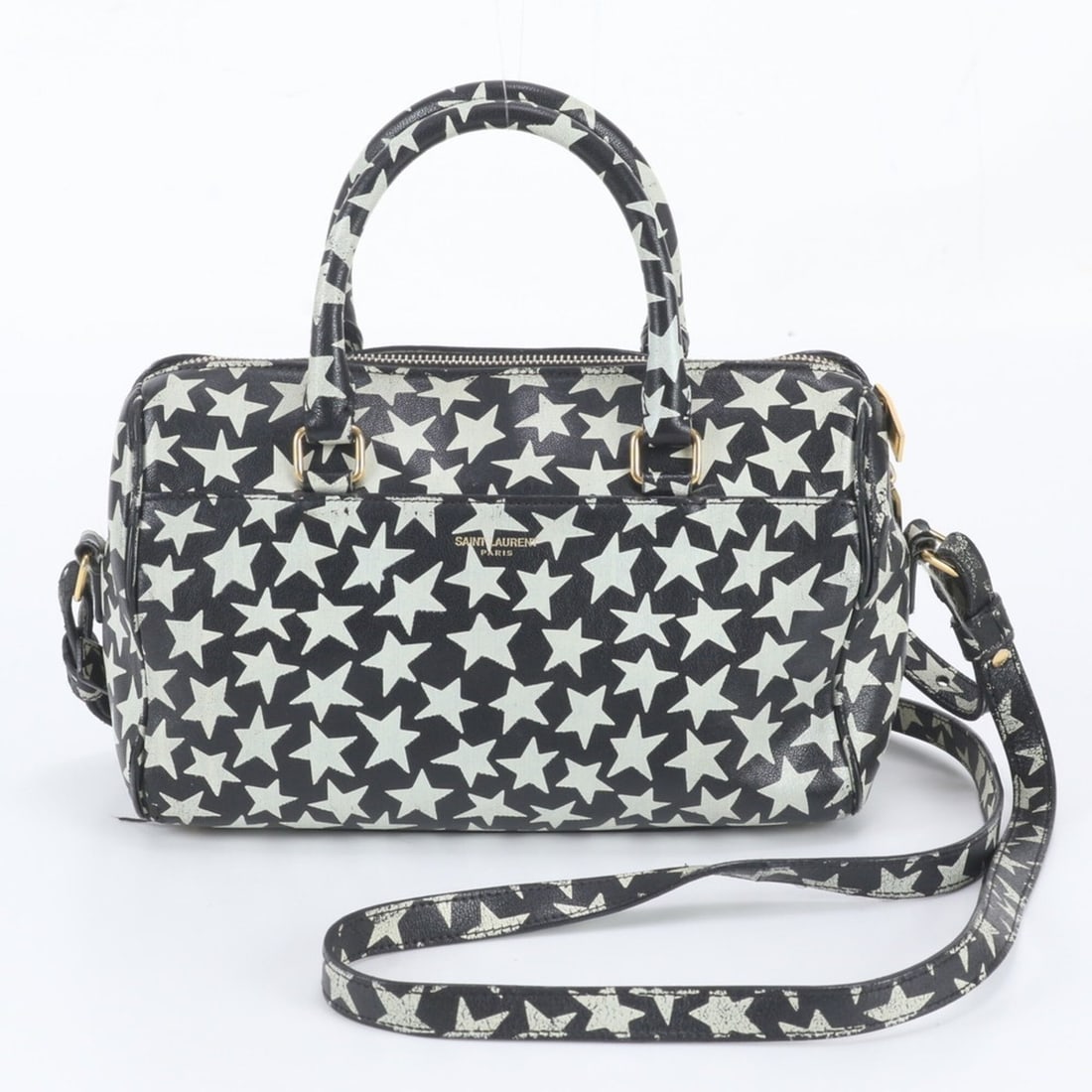 Saint Laurent Paris Star Pattern Baby Duffle Leather 2-Way Shoulder Bag, Handbag, Tote Bag for Women: --- Catalog ---Category: SizeSize (HxWxD): 14cm x 23cm x 10cm / 5.51'' x 9.05'' x 3.93''Category: DesignType: Handbag, Shoulder bag, Tote bagColor: Black, Off-whiteGender: WomenMaterial: Leather Categ