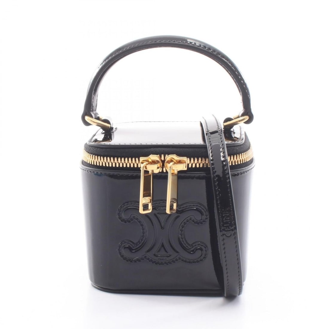 Celine Cuile Triomphe Mini Vanity Case 2-Way Handbag, Patent Leather, Women's, Black: --- Catalog ---Category: SizeSize (HxWxD): 9cm x 9.5cm x 9cm / 3.54'' x 3.74'' x 3.54''Strap Length: 106cm - 120cm / 41.73'' - 47.24''Handle Length: 18cm / 7.08''Category: DesignType: HandbagColor: Bl