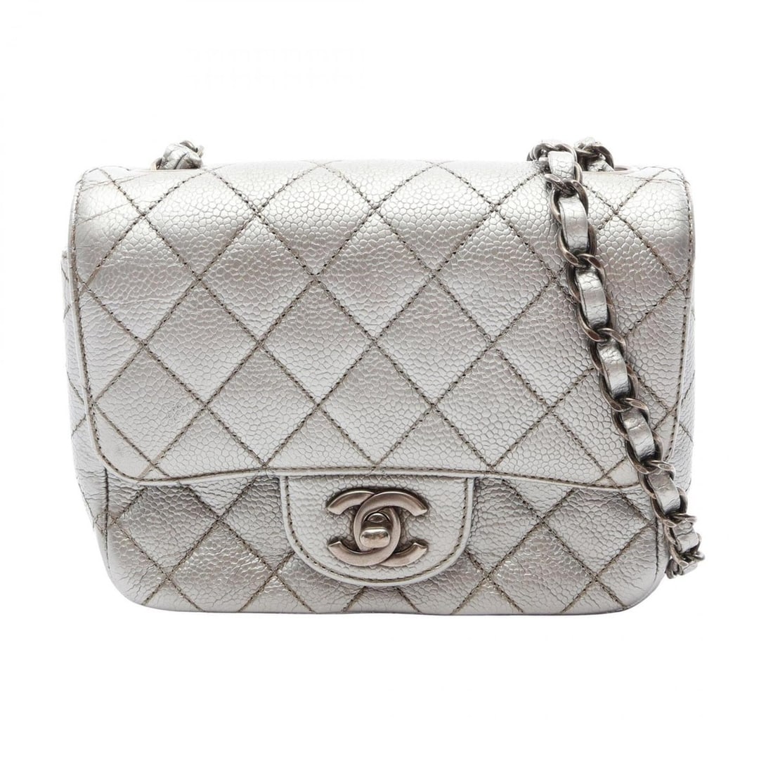 Chanel Mini Matelassé Shoulder Bag/Handbag, Caviar Leather (Grained Calfskin), Women's, Silver Tone: --- Catalog ---Category: SizeSize (HxWxD): 14cm x 16.5cm x 7.5cm / 5.51'' x 6.49'' x 2.95''Strap Length: 110cm / 43.3''Category: DesignType: Handbag, Shoulder bagColor: SilverGender: WomenMaterial: Gr