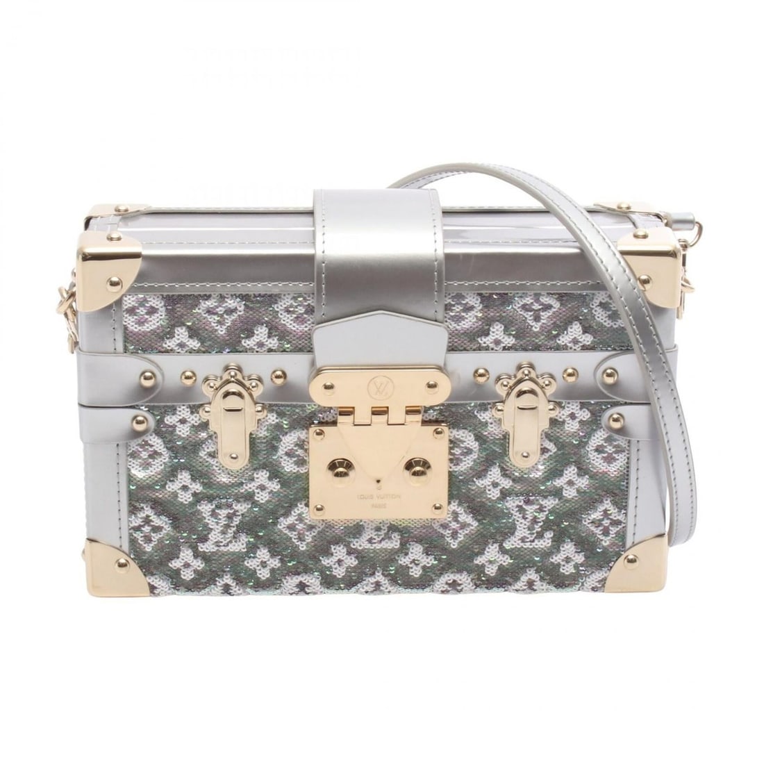 Louis Vuitton Petite Malle Shoulder Bag/Handbag, Leather, Sequins, Women's, Silver/White, M59605: --- Catalog ---Category: SizeSize (HxWxD): 12cm x 19cm x 5cm / 4.72'' x 7.48'' x 1.96''Category: DesignType: Handbag, Shoulder bagColor: Silver, WhiteGender: WomenMaterial: Leather , Spangles Category