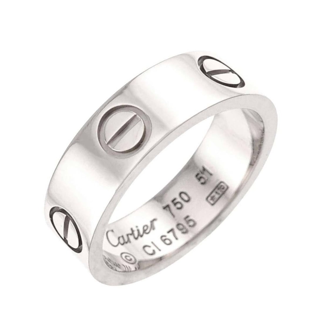 Cartier Love Ring #51, 18K White Gold (750): --- Catalog ---Category: SizeUS Size: 6Brand Size: 51Category: DesignType: Band ringGender: WomenMaterial: White gold (18K)Category: GeneralBrand: Cartier--- Item List ---Section: ConditionRanking: Ra