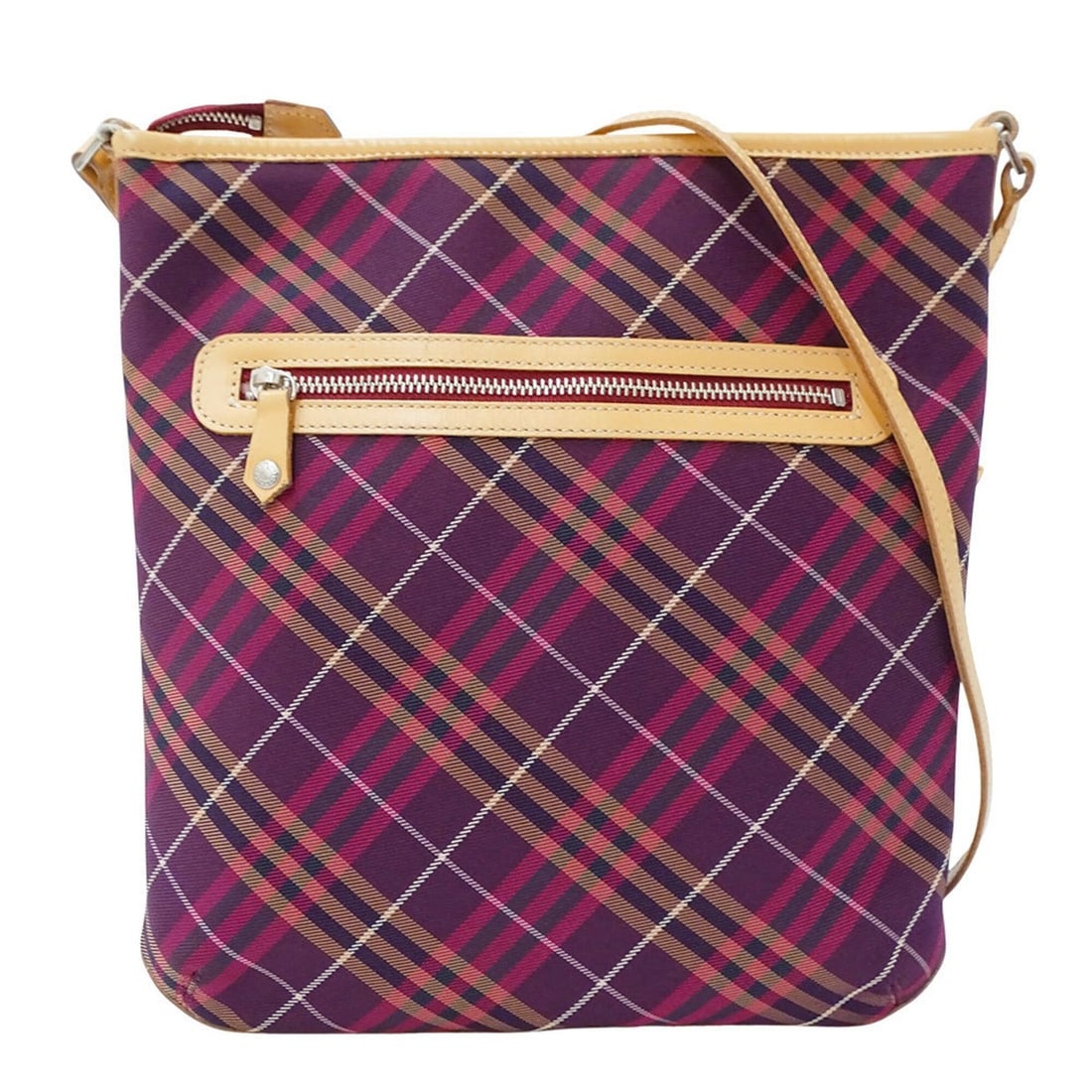 Burberry Blue Label handbag for women, brand shoulder bag, nylon and leather, purple beige check: --- Catalog ---Category: SizeSize (HxWxD): 31.5cm x 32cm x 4cm / 12.4'' x 12.59'' x 1.57''Category: DesignType: Handbag, Shoulder bagColor: Beige, Blue, PurpleGender: WomenMaterial: Nylon Category: Ge