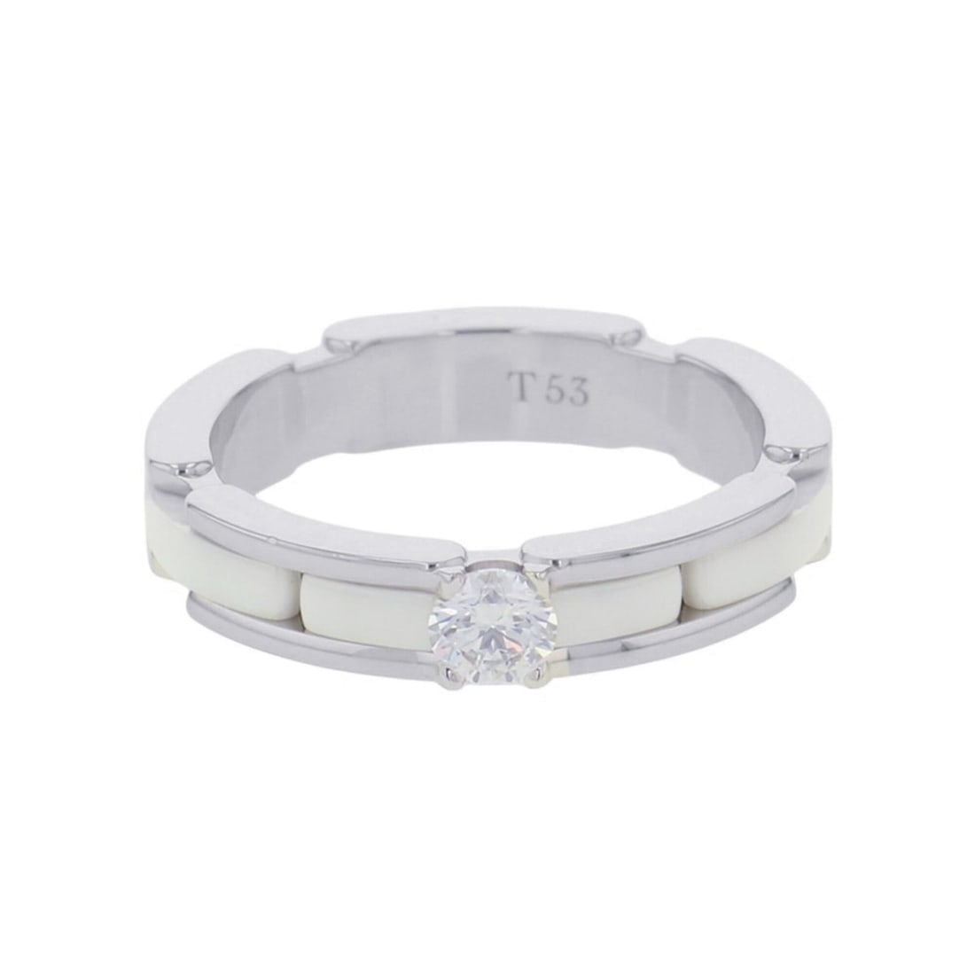 Chanel Ultra Collection Ring, 1 Diamond, 18K White Ceramic, Size 53, J3094. (CHANEL Diamond CHANEL: --- Catalog ---Category: SizeUS Size: 6.5Brand Size: 53Category: DesignType: Band ringGender: Women,MenMaterial: Ceramic, White gold (18K)Category: GeneralBrand: Chanel--- Item List ---Section: Condit
