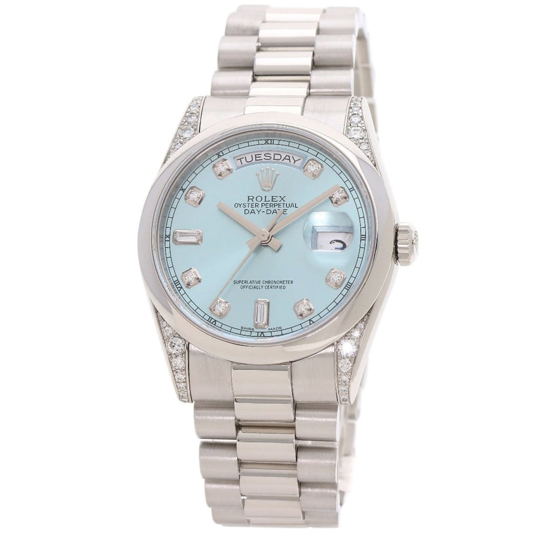 Rolex 118296A Day Date Ice Blue 10P Diamond Watch Platinum PT Men's: --- Catalog ---Category: SizeWeight: 217.7g / 7.67oz.Wrist Size: 17.5cm / 6.88''Case Diameter: 36mm / 1.42''Case Thickness: 12.4mm / 0.49''Category: DesignType: WristwatchGender: MenGemstone: