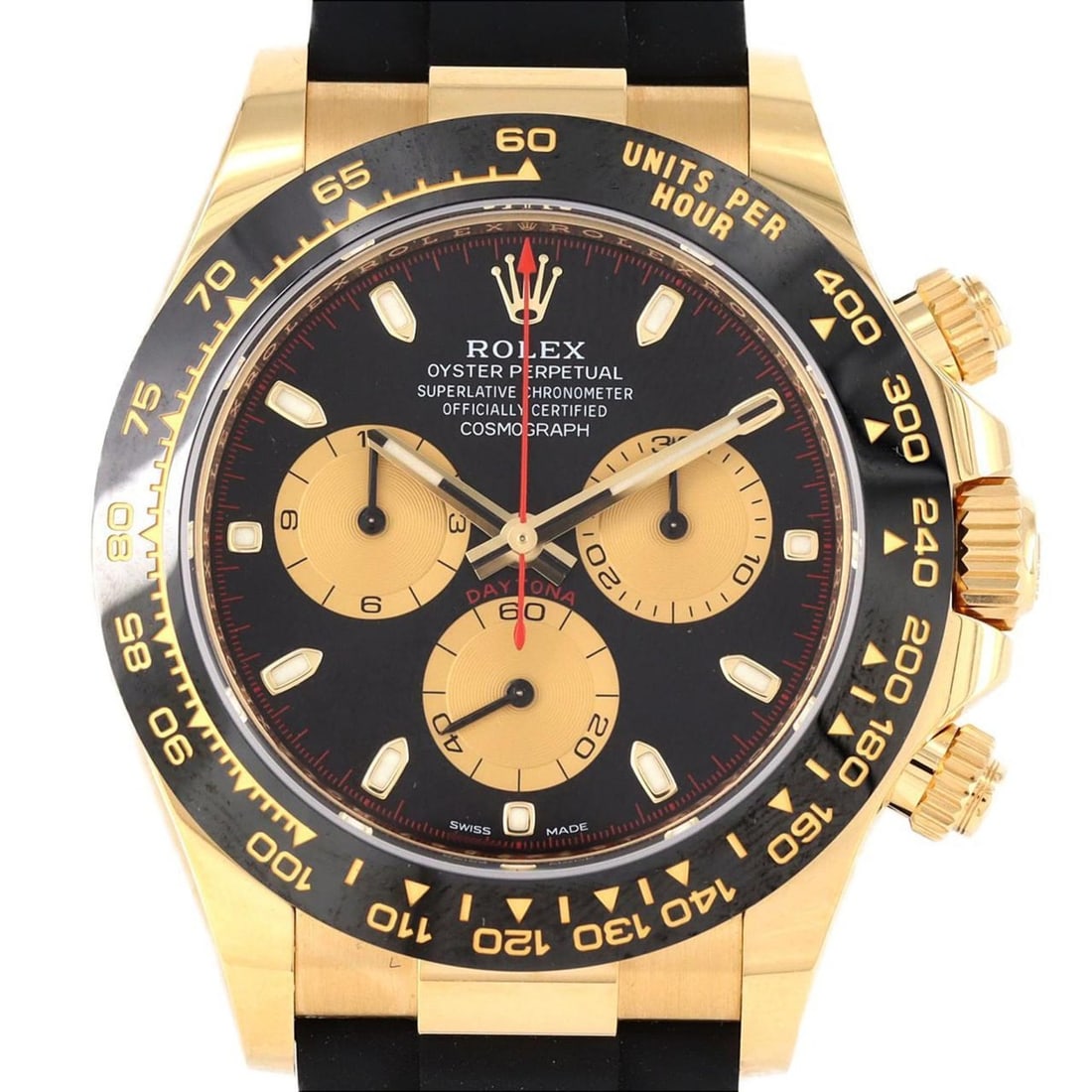 Rolex Daytona 116518LN YG Watch Automatic Random Number: --- Catalog ---Category: SizeWrist Size: 18cm / 7.08''Case Diameter: 40mm / 1.57''Category: DesignType: WristwatchGender: MenColor (Dial): Black, GoldMaterial (Band): RubberMaterial (Case): Yellow