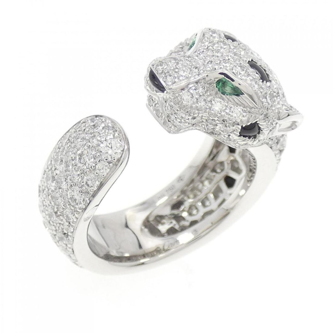 Cartier Panthere Ring: --- Catalog ---Category: SizeUS Size: 4.5Brand Size: 48Category: DesignType: Band ringColor: White goldStone: Diamond, Emerald, OnyxGender: WomenMaterial: White gold (18K)Category: GeneralBrand: Carti