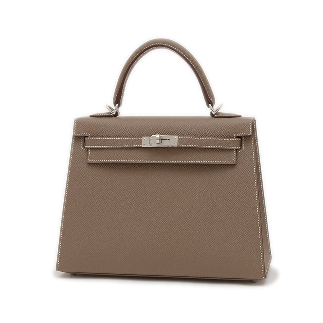 Hermes Kelly 25 Outer Stitched Handbag Epson Etoupe Silver Hardware W Engraved: --- Catalog ---Category: SizeSize (HxWxD): 19cm x 25cm x 13cm / 7.48'' x 9.84'' x 5.11''Category: DesignType: HandbagColor: Etoupe grayGender: Men,WomenMaterial: Epsom leather Hardware Color: SilverCa