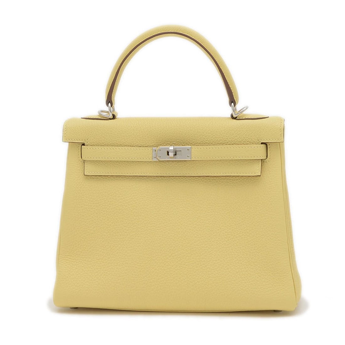 Hermes Kelly 25 Inner Stitching Handbag Togo Jaune Poussin W Engraved: --- Catalog ---Category: SizeWeight: 560g / 1.23lb.Size (HxWxD): 19cm x 25cm x 13cm / 7.48'' x 9.84'' x 5.11''Strap Length: 92cm / 36.22''Category: DesignType: HandbagGender: WomenMaterial: Togo leath