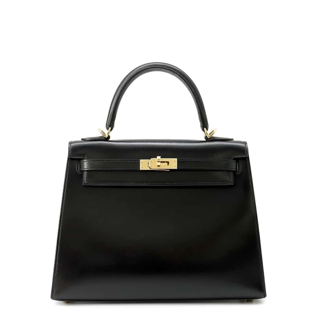 Hermes handbag Kelly 25, outer stitching, black box calf, C stamp, 2-way shoulder,: --- Catalog ---Category: SizeSize (HxWxD): 18cm x 25cm x 10cm / 7.08'' x 9.84'' x 3.93''Category: DesignType: HandbagColor: BlackGender: WomenMaterial: Box calf leather Category: GeneralBrand: Hermes-