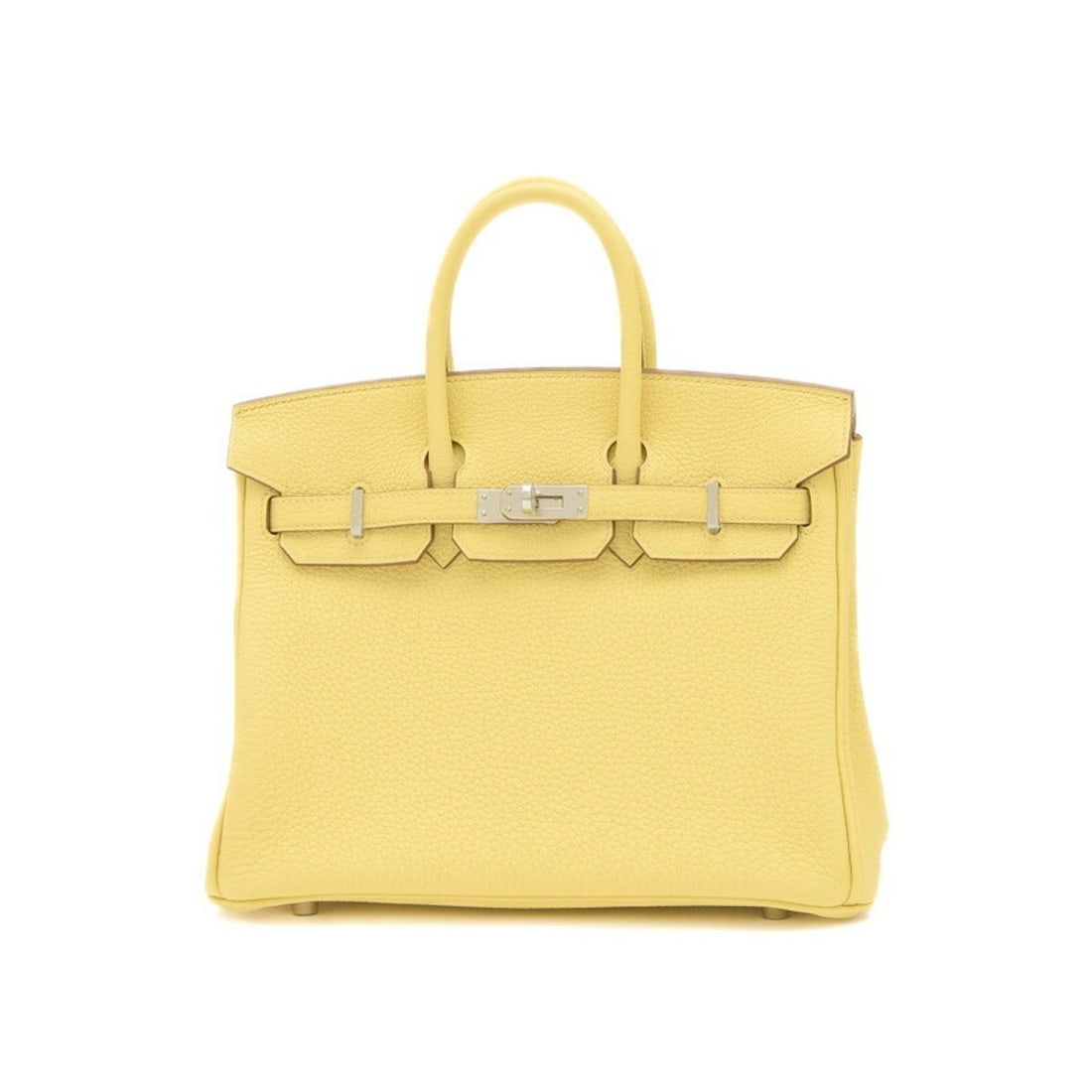 Hermes Birkin 25 Handbag Togo Jaune Poussin W Engraved: --- Catalog ---Category: SizeWeight: 575g / 1.26lb.Size (HxWxD): 19cm x 25cm x 12cm / 7.48'' x 9.84'' x 4.72''Category: DesignType: HandbagGender: WomenMaterial: Togo leather Hardware Color: SilverCat