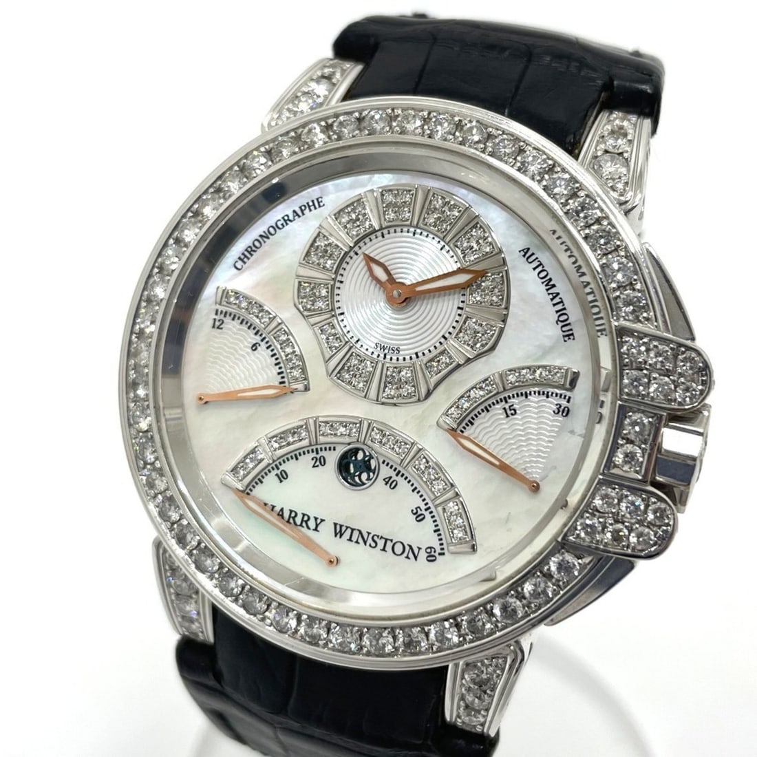 HARRY WINSTON MCRA44W Ocean Chrono Triple Retrograde Automatic Watch, 18K White Gold, Men's: --- Catalog ---Category: SizeWeight: 170.4g / 6.01oz.Band Width: 30mm / 1.18''Case Diameter: 44mm / 1.73''Case Thickness: 11mm / 0.43''Category: DesignType: WristwatchGender: MenGemstone: DiamondTourb