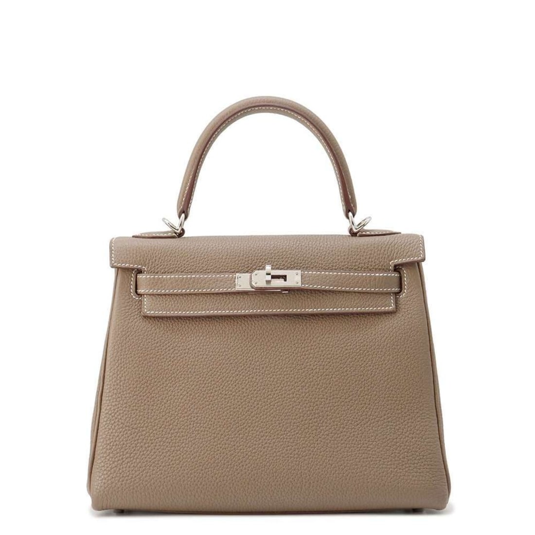 Hermes handbag Kelly 25, in-stitched, Etoupe, Togo, B stamp, 2-way shoulder: --- Catalog ---Category: SizeSize (HxWxD): 18cm x 25cm x 10cm / 7.08'' x 9.84'' x 3.93''Category: DesignType: HandbagColor: Etoupe grayGender: WomenMaterial: Togo leather Hardware Color: SilverCategor