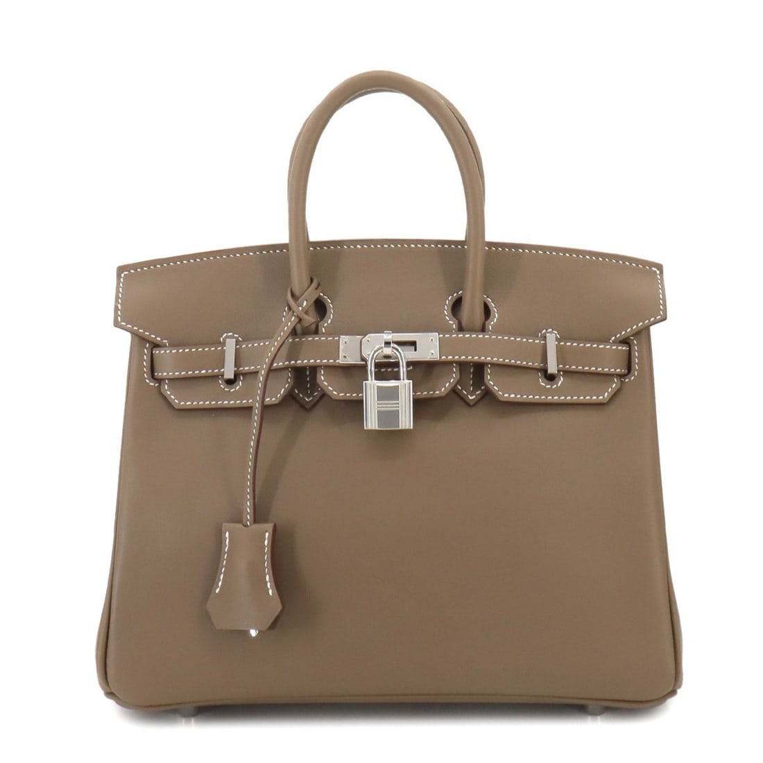 Hermes Birkin 25 Handbag Swift Etoupe B Stamp Silver Hardware: --- Catalog ---Category: SizeWeight: 590g / 1.3lb.Size (HxWxD): 20cm x 25cm x 13cm / 7.87'' x 9.84'' x 5.11''Handle Length: 22cm / 8.66''Category: DesignType: HandbagColor: Etoupe grayClosure: Belt, F
