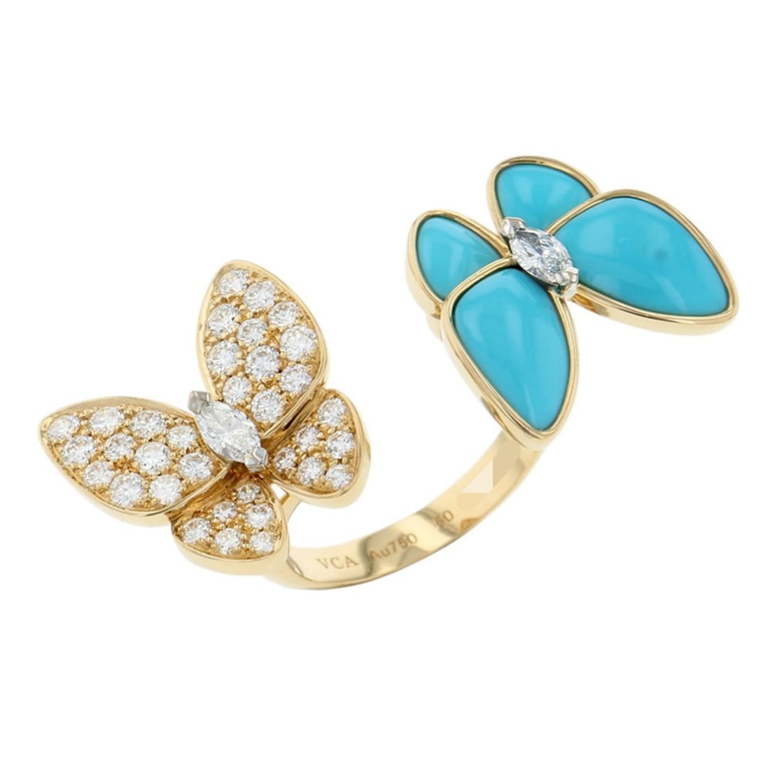 Van Cleef & Arpels Ring de Papillon Entree Les Doors, 36 turquoise and diamond rings, 0.99 carats: --- Catalog ---Category: SizeWeight: 8.1g / 0.28oz.JP Size: 10US Size: 5.5Category: DesignType: Band ringStone: Diamond, TurquoiseGender: WomenClarity: IFMaterial: Yellow gold (18K)Weight (ct.): 0.99C