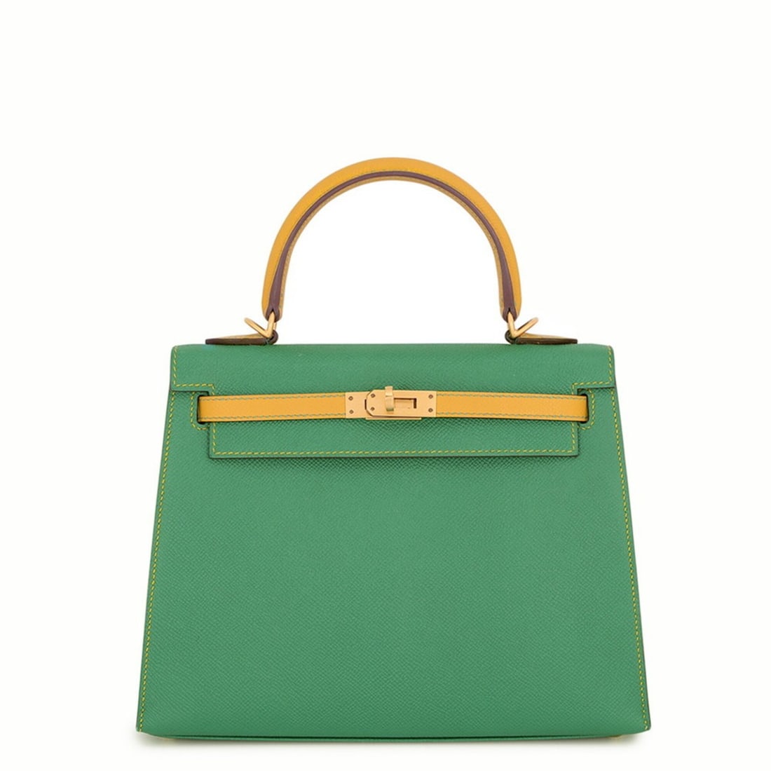 Hermes Kelly 25 handbag, external stitching, cactus pattern, Jaune d'Or leather, Epsom D stamp,: --- Catalog ---Category: SizeSize (HxWxD): 18cm x 25cm x 10cm / 7.08'' x 9.84'' x 3.93''Category: DesignType: HandbagColor: Green, YellowGender: WomenMaterial: Epsom leather Category: GeneralBrand: He