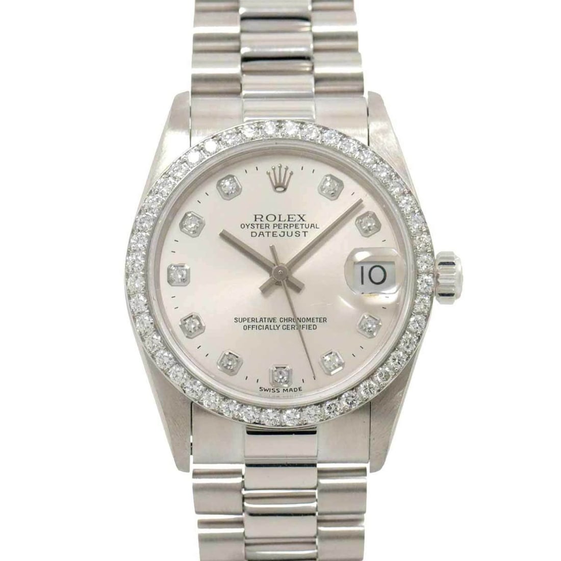 Rolex ROLEX Datejust 68286G W number Boys' watch 10P bezel diamond silver Pt platinum automatic: --- Catalog ---Category: SizeWrist Size: 16cm / 6.29''Case Diameter: 30mm / 1.18''Category: DesignType: WristwatchGender: BoysColor (Dial): SilverMaterial (Band): PlatinumMaterial (Case): PlatinumCate