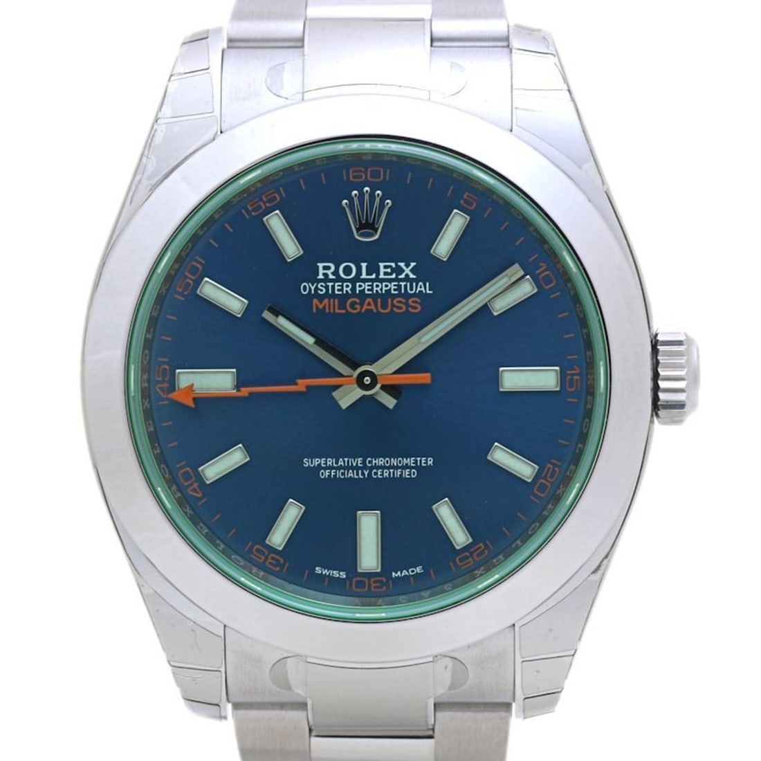 ROLEX Milgauss Z Blue, Random Number 116400GV, Men's Stainless Steel Watch, 40132: --- Catalog ---Category: SizeWeight: 155.7g / 5.49oz.Wrist Size: 17.5cm / 6.88''Case Diameter: 40mm / 1.57''Category: DesignType: WristwatchGender: MenDisplay: AnalogColor (Dial): BlueMaterial (Band):