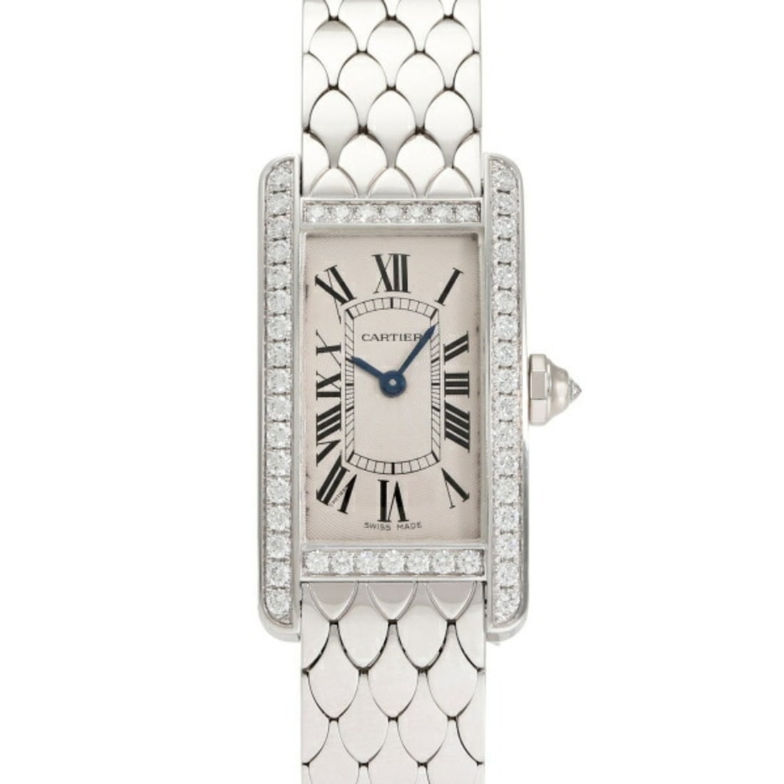 Cartier Tank American SM WB710009 Silver Dial Wristwatch for Women __: --- Catalog ---Category: SizeWrist Size: 16.5cm / 6.49''Category: DesignType: WristwatchGender: WomenColor (Dial): SilverMaterial (Band): White goldMaterial (Case): White goldCategory: GeneralBrand: C