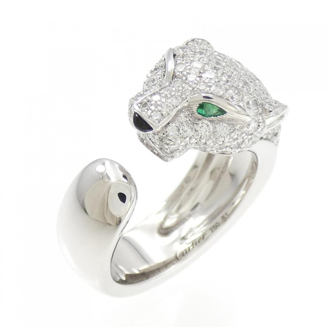 Cartier Panthere Ring: --- Catalog ---Category: SizeUS Size: 6Brand Size: 51Category: DesignType: Band ringStone: Diamond, Emerald, OnyxGender: WomenMaterial: White gold (18K)Category: GeneralBrand: Cartier--- Item List ---