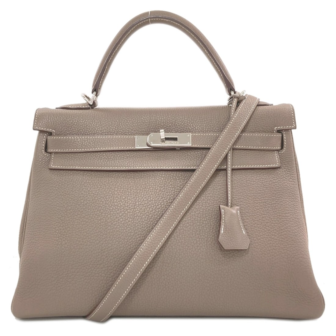 Hermes Kelly 32, inner stitching, Etoupe, silver hardware, handbag, Togo leather, women's.: --- Catalog ---Category: SizeSize (HxWxD): 23cm x 32cm x 12.5cm / 9.05'' x 12.59'' x 4.92''Category: DesignType: HandbagColor: Etoupe grayGender: WomenMaterial: Togo leather Category: GeneralBrand: He