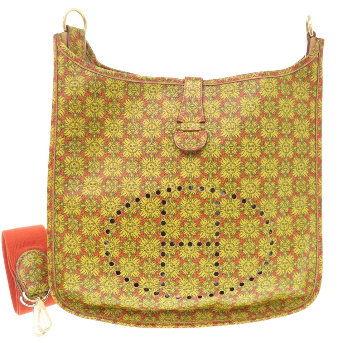Hermès Evelyne GM Solar Leather Shoulder Bag, Yellow, Gold Hardware, ?X Stamp, 0912, HERMES: --- Catalog ---Category: SizeSize (HxWxD): 31cm x 31cm x 7cm / 12.2'' x 12.2'' x 2.75''Strap Length: 80cm / 31.49''Category: DesignType: Shoulder bagColor: YellowGender: WomenClosure: Button, Snap fas