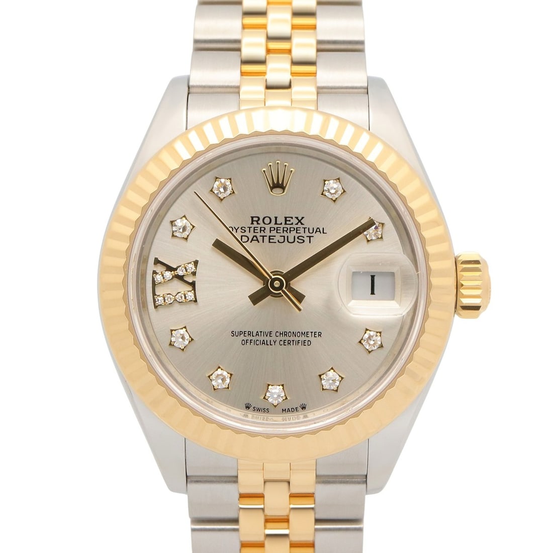 Rolex Datejust 28 9P IX Diamond Watch, 18K (Yellow Gold) Stainless Steel, Silver Tone, Ladies': --- Catalog ---Category: SizeWrist Size: 15.5cm / 6.1''Case Diameter: 28mm / 1.1''Category: DesignType: WristwatchGender: WomenColor (Dial): SilverMaterial (Band): Stainless steel, Yellow gold (18K)Ma