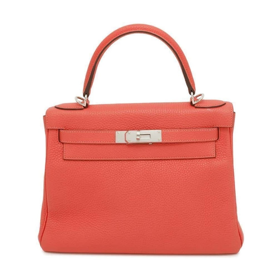 Hermes handbag Kelly 28, in-stitched, Rose Texas, Taurillon Clemence, Y stamp, 2-way shoulder bag: --- Catalog ---Category: SizeWeight: 800g / 1.76lb.Size (HxWxD): 20cm x 28cm x 12cm / 7.87'' x 11.02'' x 4.72''Strap Length: 90cm / 35.43''Category: DesignType: HandbagGender: WomenClosure: FlapMateri