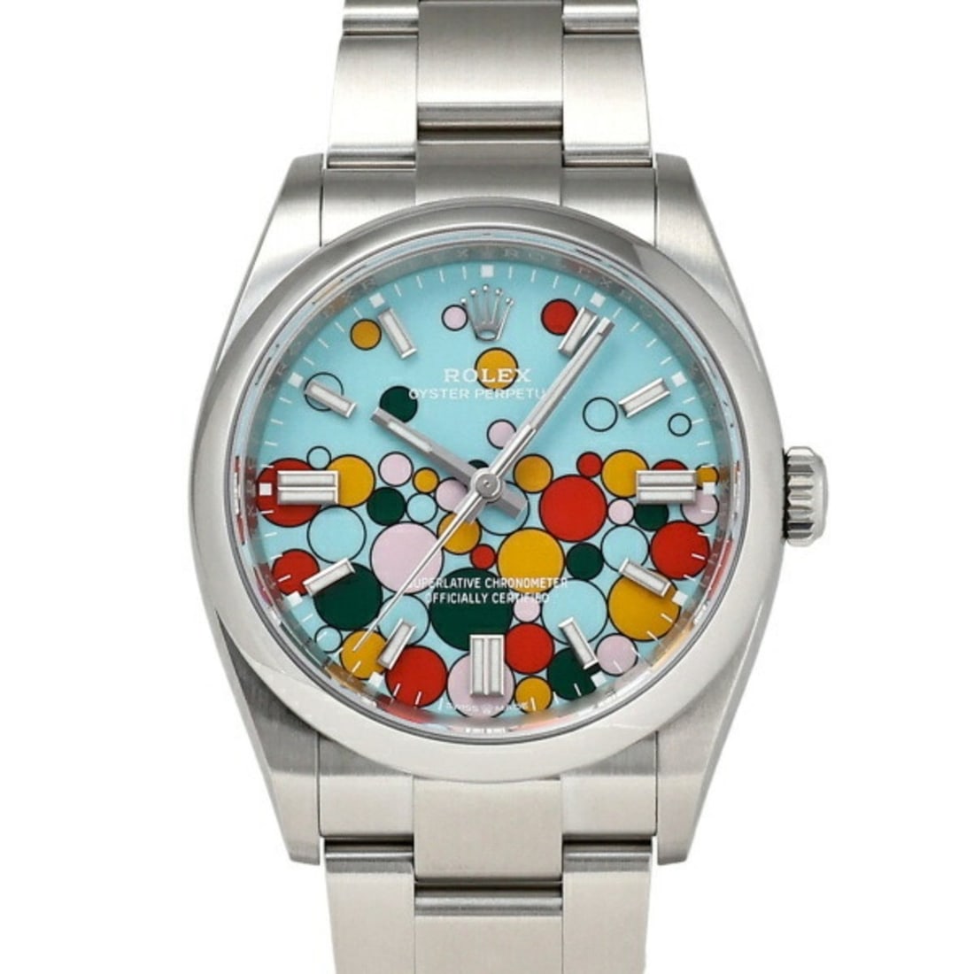 ROLEX Oyster Perpetual 36 Turquoise Blue Celebration Motif 126000 Dial Men's Watch __: --- Catalog ---Category: SizeWrist Size: 18.5cm / 7.28''Case Diameter: 36mm / 1.42''Category: DesignType: WristwatchGender: MenColor (Dial): TurquoiseMaterial (Band): Stainless steelMaterial (Case): S