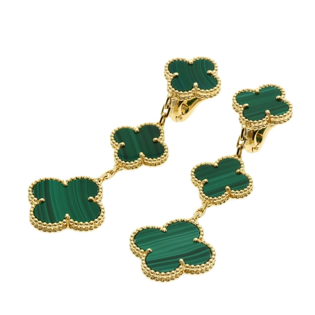 Van Cleef & Arpels Magic Alhambra 3-Motif Malachite Earrings, 18K Yellow Gold, Women's.: --- Catalog ---Category: SizeSize (HxWxD): 67.00mm x 19.80mm x 3.60mm / 2.64'' x 0.78'' x 0.14''Category: DesignType: Stud earringsGender: WomenMaterial: Yellow gold (18K)Category: GeneralBrand: Van C