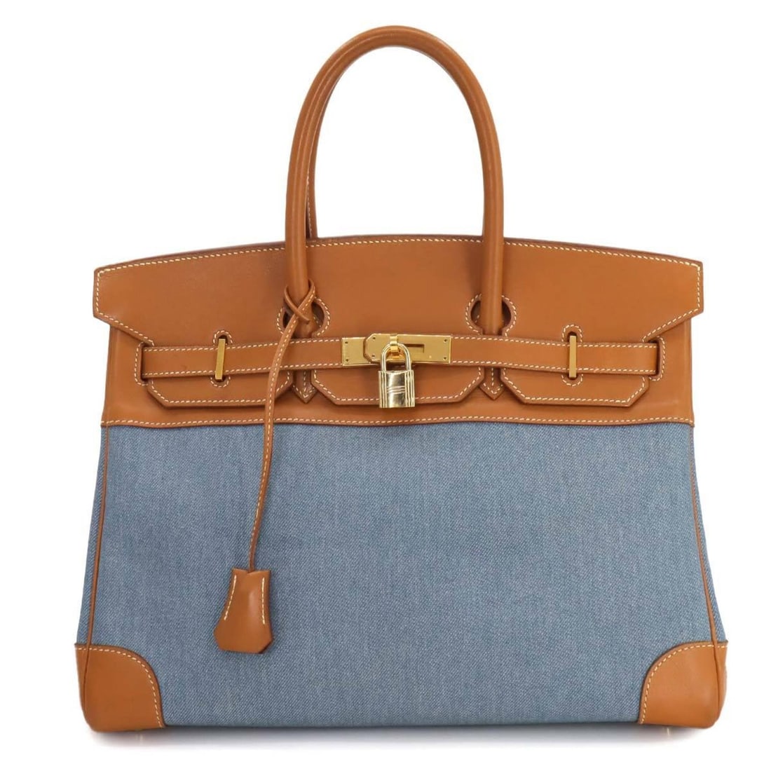 Hermes Birkin 35 Handbag Toile Jean Leather Blue Brown B Stamp Gold Hardware: --- Catalog ---Category: SizeSize (HxWxD): 26cm x 34.5cm x 19cm / 10.23'' x 13.58'' x 7.48''Category: DesignType: HandbagColor: Blue, BrownGender: WomenMaterial: Toile jean , Leather Hardware Color: G